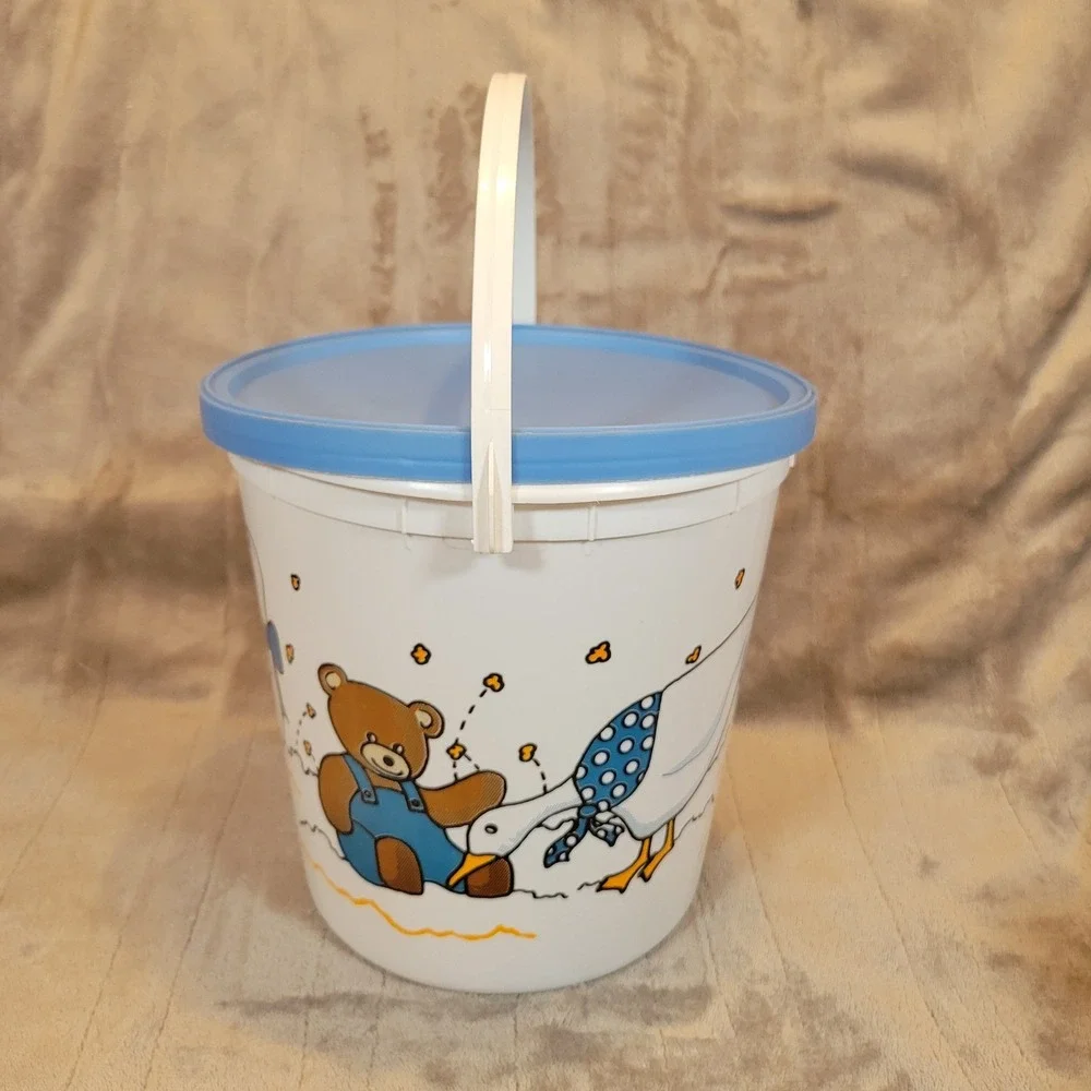 Cottagecore Teddy Bear Goose Storage Bucket Popcorn White Blue Vintage Bow Retro